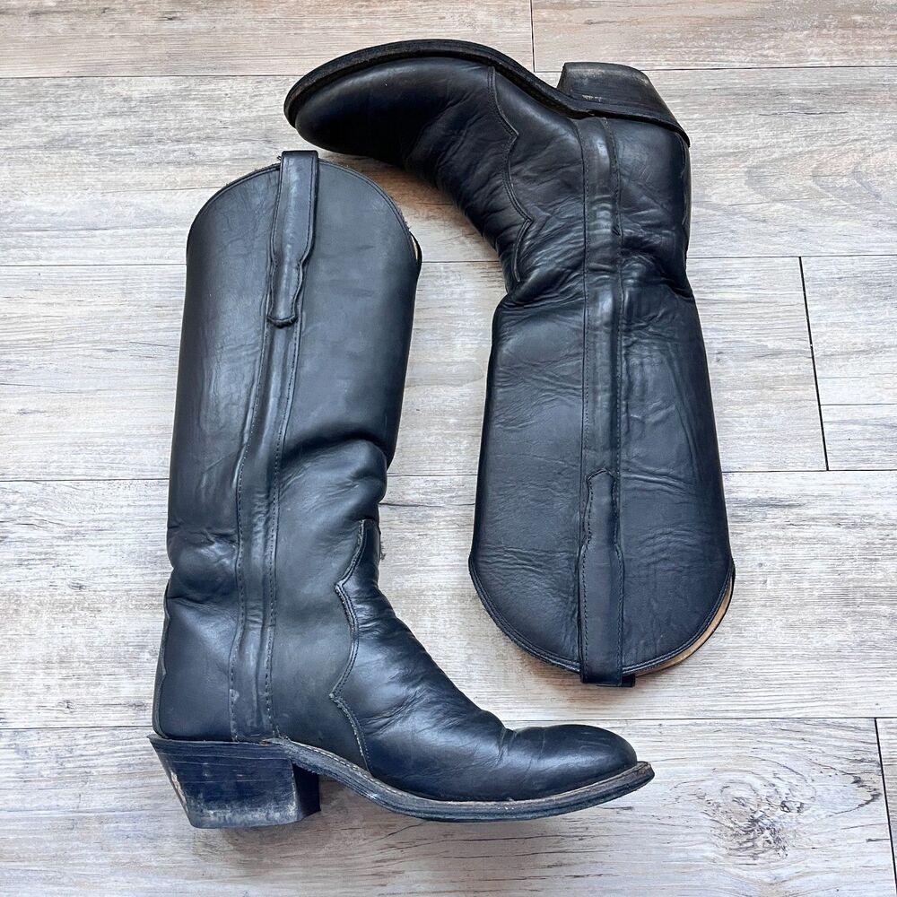 Vintage Black Leather Cowboy Boots Mens Size 8 Western Pull On Riding Boots